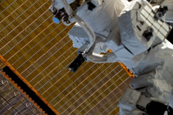 Binar-2, 3 & 4 at the moment of deployment from JSSOD31 from the Kibo module of the ISS. Photo Credit: JAXA